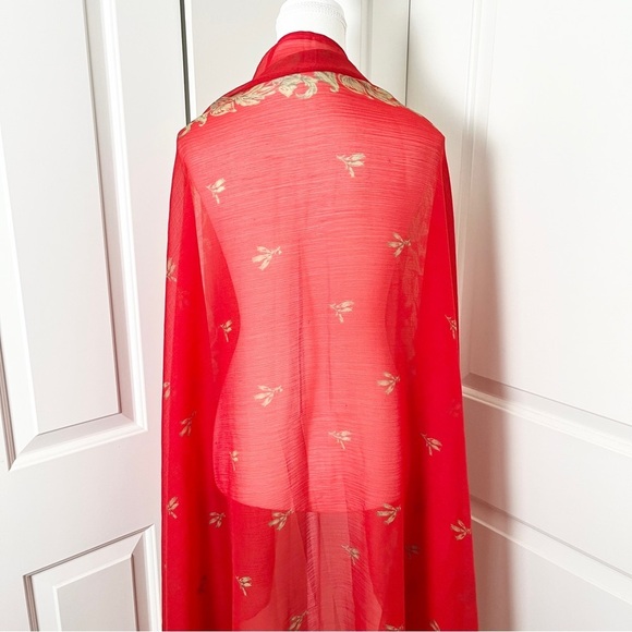 Red & Gold Floral Sari-Inspired Shawl – Boho Luxe Wrap Bollywood Festival Scarf - Picture 4 of 5
